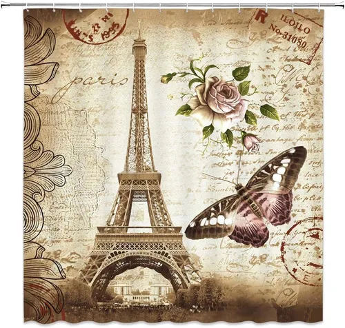 Cortina de ducha vintage de París, Torre Eiffel, diseño retro, mariposa, rosa, sello floral, romance, ciudad, creatividad, Francia, paisaje europeo,