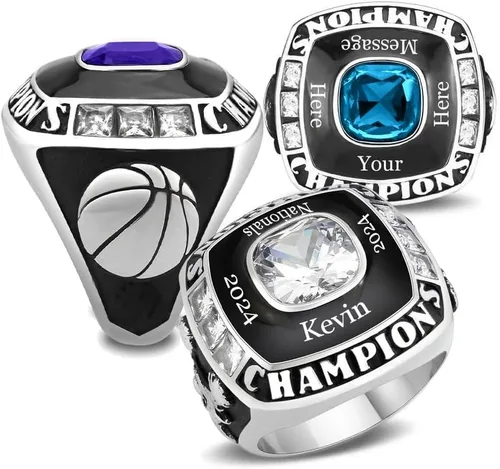 Miniatura 22 de Anillo de campeonato de acero inoxidable con texto y color personalizados - Trofeo, fútbol americano, béisbol, baloncesto, deportes electrónicos