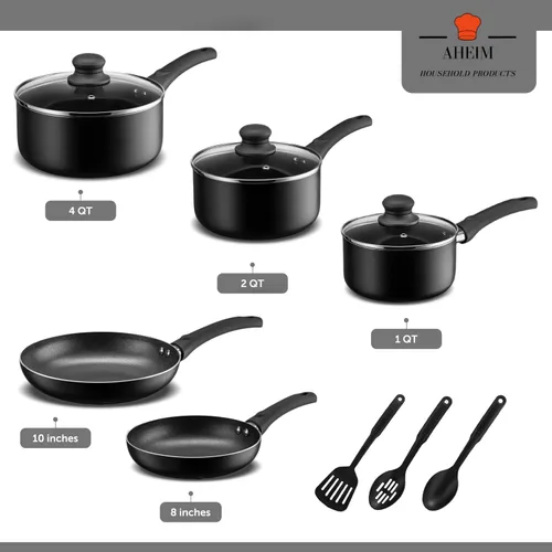 Miniatura 2 de Juego de ollas y sartenes, juego de utensilios de cocina antiadherentes de aluminio, sartenes, cazuela con tapa, sartén y utensilios, juego de Negro