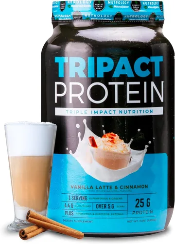 Nutrology TRIPACT Proteína en polvo – Batido de reemplazo de comidas 7 en 1 con proteína de suero en polvo alimentado con hierba, guisante, arroz,