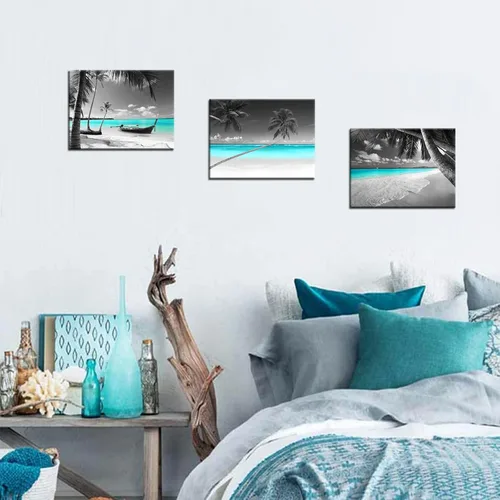 Miniatura 3 de Biuteawal 3 piezas de lienzo de playa en blanco y negro para pared, imágenes de paisaje marino turquesa, palmera tropical, velero, pintura, obras