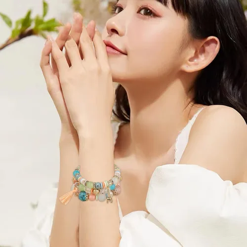 Miniatura 6 de Juego de pulseras apilables de cuentas para mujer y hombre juego de pulseras elásticas multicapa joyería multicolor aretes largos de perlas