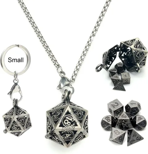 Miniatura 19 de Haxtec Mini Juego de Dados de Metal DND con Estuche de Cuello Hueco Juego de Dados de Metal Pequeños Antiguos Juego de Llaveros D&D Portátil Juego