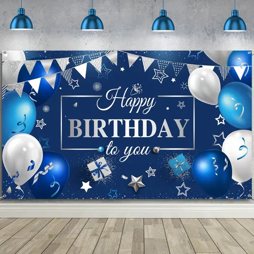 Sumind Cartel de fondo de decoración de feliz cumpleaños, color azul marino y plateado, para decoración de fiesta, fondo de fotos para hombres y