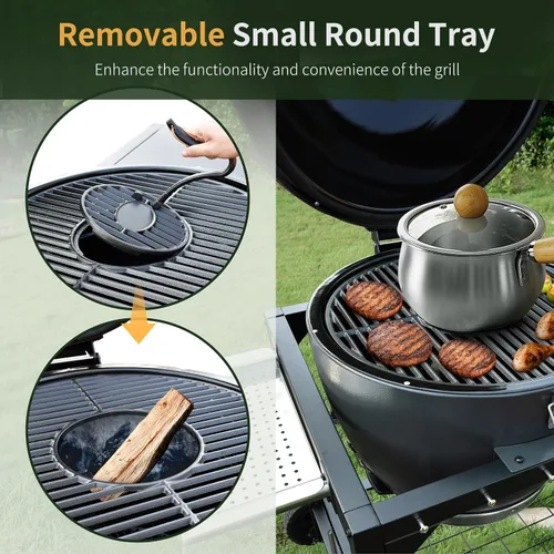 Miniatura 12 de Brand-Man - Parrilla de carbón y ahumador Kamado de acero - Rejillas de hierro fundido de 22 pulgadas, cesta de parrilla, carrito de mesa