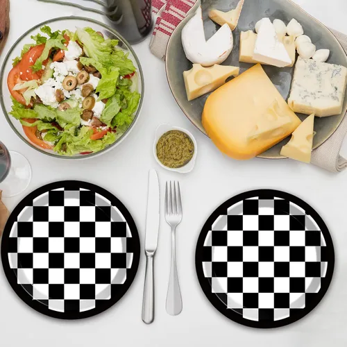 Miniatura 7 de 48 platos de papel de fiesta con bandera a cuadros en blanco y negro para suministros de fiesta de autos de carreras de 7 pulgadas, platos de postre