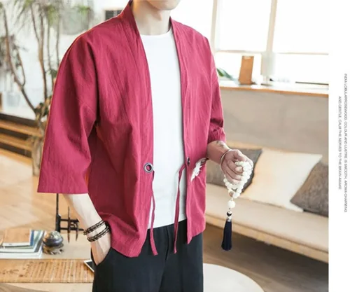 Miniatura 5 de HZCX FASHION Cárdigan tipo kimono de lino con mezcla de algodón para hombre