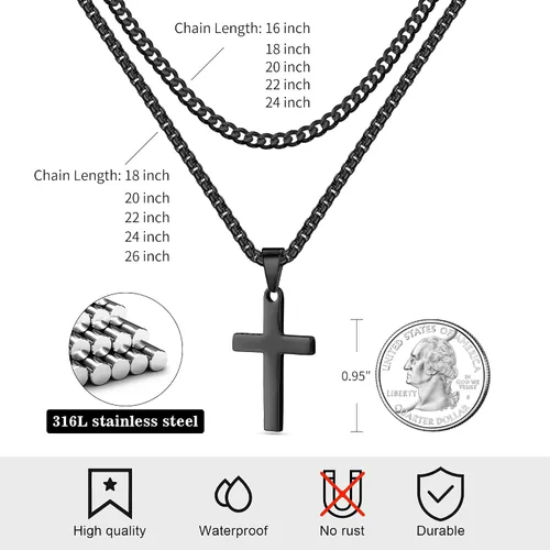 Miniatura 5 de LUXEJEW Collar de cruz para hombres y niños, collar con colgante de cruz de acero inoxidable dorado, plateado y negro, collar de cadena de eslabones