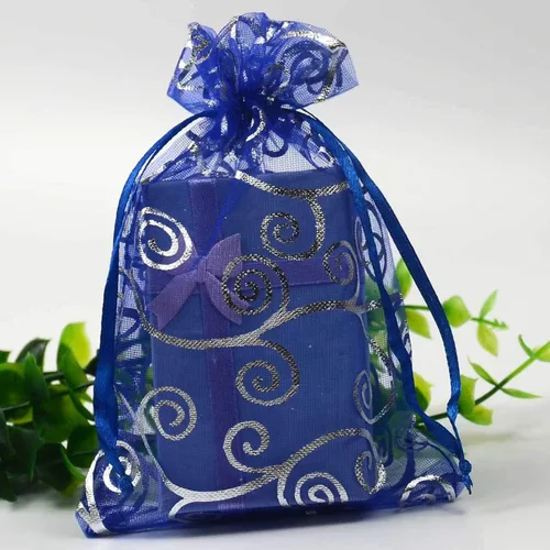 Miniatura 4 de 100 unidades por paquete, bolsas de envoltura de regalo de 5 x 7 pulgadas, ratán azul, tela transparente de organza, bolsas con cordón para regalos