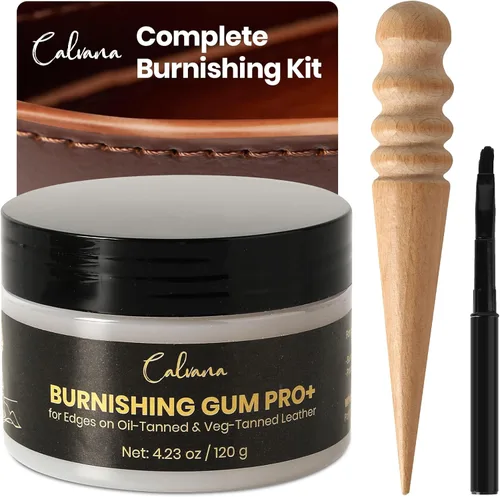 Calvana Goma de mascar Pro Burnishing de 4.23 onzas, incluye bruñidor de borde de ébano y cepillo aplicador, para bordes en cuero curtido con aceite