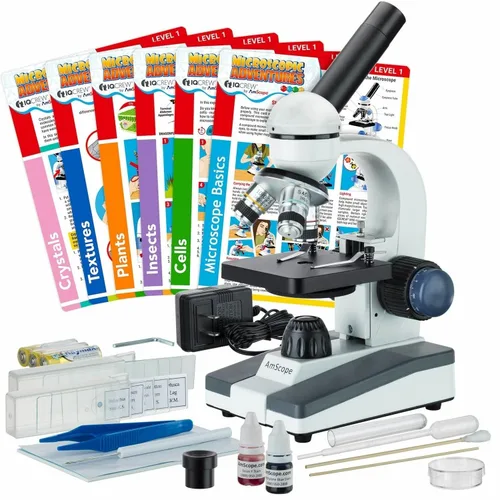 AmScope - Juego de microscopio monocular compuesto para estudiantes 40X-1000X + Kit de preparación de diapositivas + Tarjetas de experimentos