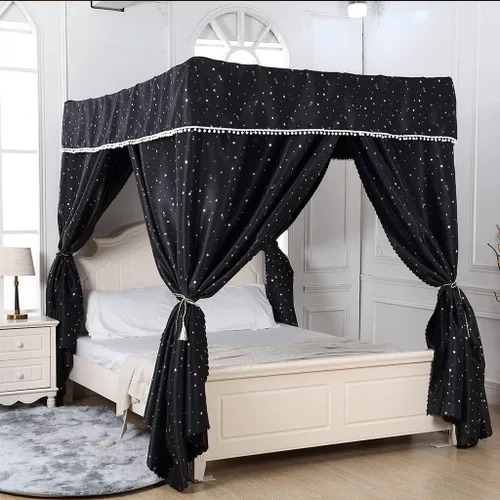 Miniatura 9 de Obokidly Elegante cortina opaca de estrella negra con borde de bola blanca de 4 postes en las esquinas, decoración de dormitorio para adultos