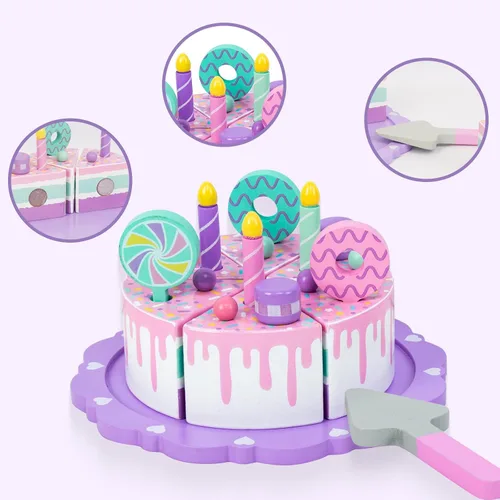 Miniatura 4 de Juguetes de pastel para niños pequeños de 2 a 5 años, juguete de comida de madera para jugar a fingir, pastel de cumpleaños falso, juguete de cocina