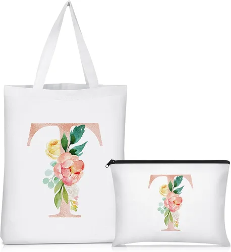 Miniatura 15 de Sanwuta 2 bolsas de lona con inicial, diseño floral con letras florales, bolsas de cosméticos de viaje, bolsas con monograma para mujer, mujer