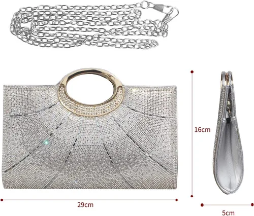 Miniatura 3 de GESU Bolso de mano para mujer, bolso de noche con diamantes de imitación de cristal, para boda, fiesta, cóctel, color plateado, grande