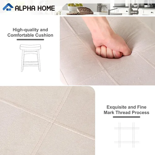 Miniatura 4 de ALPHA HOME Taburete de bar, taburete de cocina de silla de montar de madera maciza con cojín de tela de lino beige, taburete de bar de altura