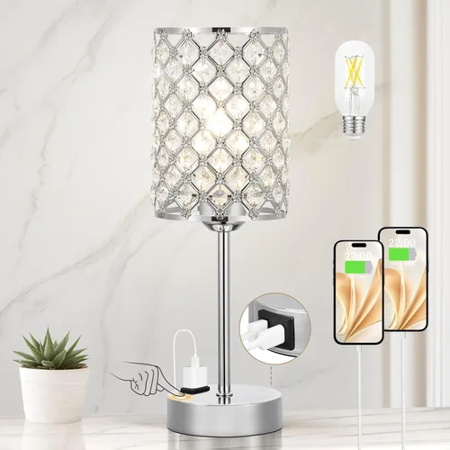 Miniatura 10 de Lámpara de mesa de cristal con control táctil, lámpara de mesita de noche regulable con puertos de carga USB-C+A y CA, lámpara USB dorada de 3 vías