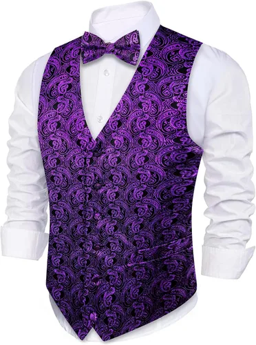 Barry.Wang Conjunto de chaleco de pajarita para hombre, chaleco con cuello en V de seda jacquard de cachemira, gemelos de pañuelo formal/ocio, boda
