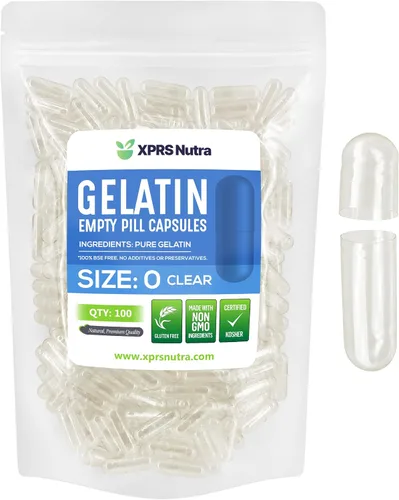 XPRS Nutra Cápsulas de gelatina vacías transparentes tamaño 0, 100 unidades, Kosher y Halal, cápsula de píldora de gelatina pura, relleno de polvo