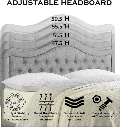 Miniatura 3 de Rosevera Grayson - Cama de cabecera ajustable con poliéster fino y acolchado de botones para dormitorio, matrimonial, color ceniza Gris