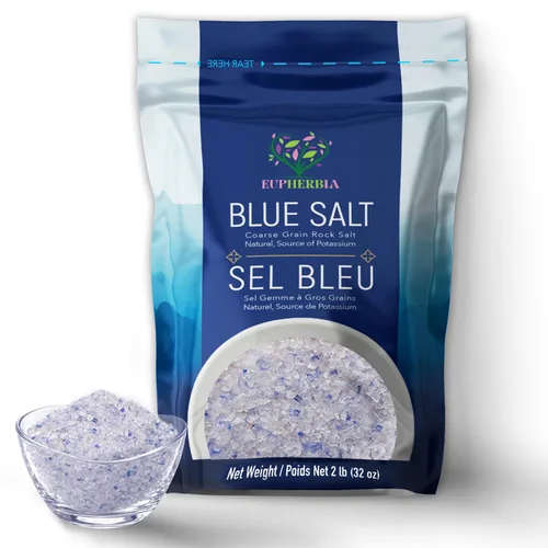 EUPHERBIA Sal azul, gruesa, sal mineral rara, alto potasio, baja en sodio, natural, sin procesar, cosechada a mano, certificado Kosher (2 libras de