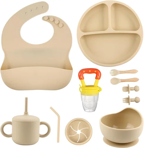Juego de alimentación de silicona para bebés, artículos esenciales para la alimentación del bebé, cuenco de succión para bebés, platos, babero,