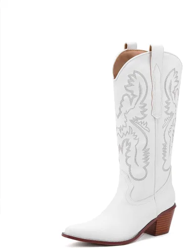 SYHXYHEG Botas vaqueras bordadas para mujer, botas altas hasta la rodilla vaquera, tacón de bloque medio, botines occidentales para mujer con