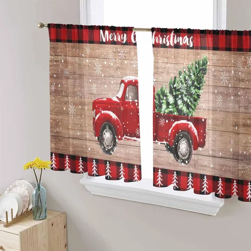 Miniatura 3 de Cortinas traslúcidas para camión rojo de Navidad de 45 pulgadas de largo, juego de 2 paneles de tablero de madera retro rústico con cuadros