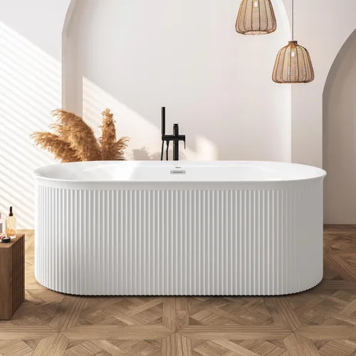 Miniatura 47 de FerdY 59" Bañera de acrílico independiente Bali Elite, bañera independiente de inmersión con forma elegante, certificada cUPC, desagüe negro Toe-Tap