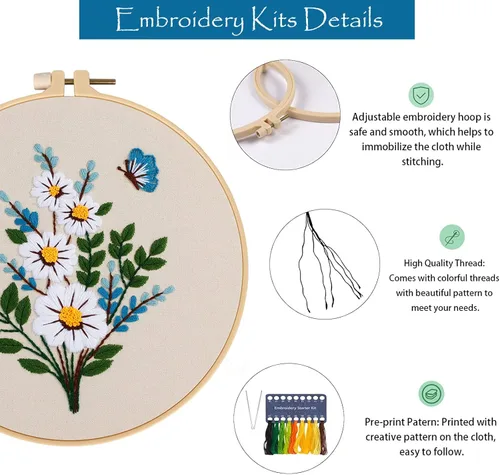 Miniatura 4 de Kit de bordado para principiantes, kits de punto de cruz para adultos, manualidades, 3 piezas, patrón de bordado, hilo de bordado de tela y agujas