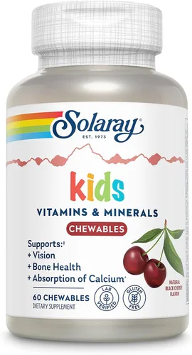 SOLARAY Vitaminas y minerales para niños, multivitamínico completo para niños, gran sabor a cereza negra (076280047974) (60 masticables, 30