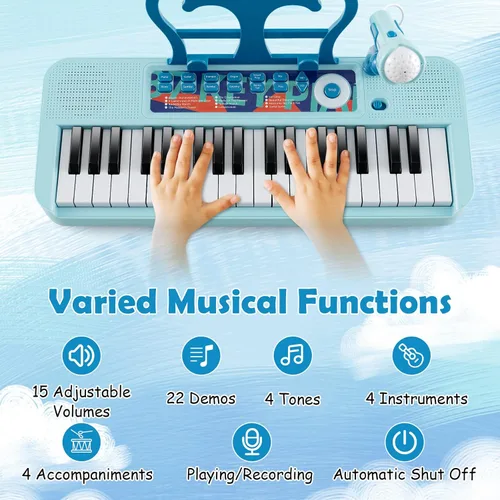 Miniatura 3 de HONEY JOY Piano para niños, piano de teclado azul de 37 teclas para niños con soporte de música y banco, piano de cola de bebé de juguete