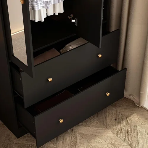 Miniatura 5 de Armario con espejo, armario de 2 puertas con 2 cajones y barra extensible para colgar, organizador de ropa tipo A negro