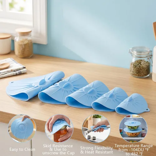 Miniatura 6 de Paquete de 5 tapas de silicona para tazón, cubierta de silicona para microondas, con 5 tamaños, tapas térmicas reutilizables para tazas, cuencos