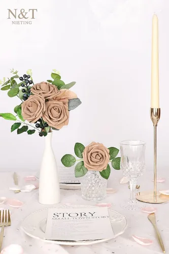 Miniatura 526 de N&T NIETING Flores artificiales, rosas artificiales de color rosa intenso, 50 piezas de flores falsas con tallo para ramos de boda DIY, centros