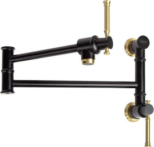 Lava Odoro PF312-GB PF312-GB - Llenador de ollas de cocina plegable de dos accesorios, negro y latón, con brazo oscilante de doble junta, negro y