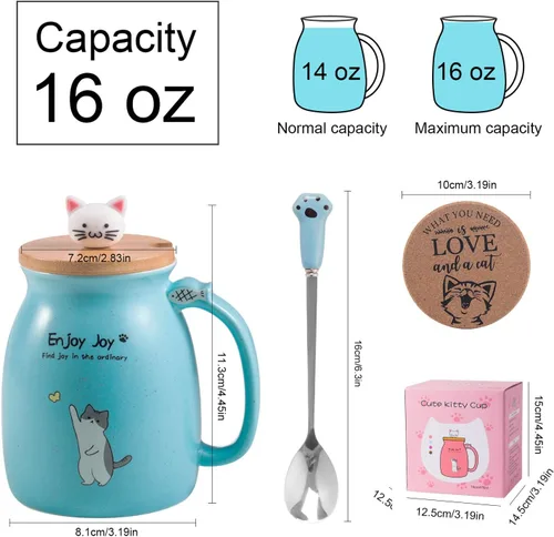 Miniatura 3 de Taza Linda de Gato de Cerámica para Café con Tapa de Madera de Gato Kawaii, Encantadora Cuchara de Acero Inoxidable, Posavasos de Madera Gruesa