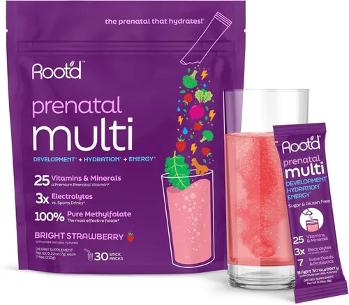 Miniatura 9 de Root'd Polvo multivitamínico prenatal - 25 vitaminas y minerales con 3 electrolitos, folato, hierro, D3 para mamá y bebé, 7 superalimentos