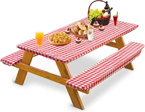 Miniatura 8 de bealy Funda para mesa de picnic con fundas para banco, juego de 3 piezas de mantel de vinilo impermeable a cuadros de 6 pies con borde elástico