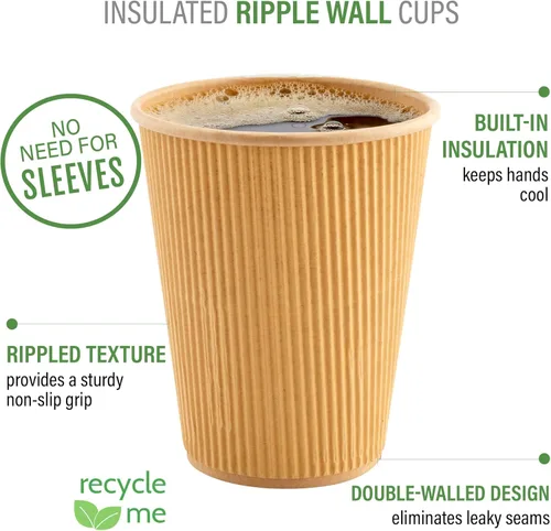 Miniatura 4 de Restaurantware 500 vasos desechables de papel kraft ondulado con aislamiento, de 3.5 onzas, con diseño de borde enrollado, tapas vendidas por