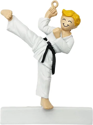 Miniatura 2 de Adorno para árbol de Navidad de karate, cinturón negro dominado personalizado niño rubio Jitsu Judo ornamento de artes marciales