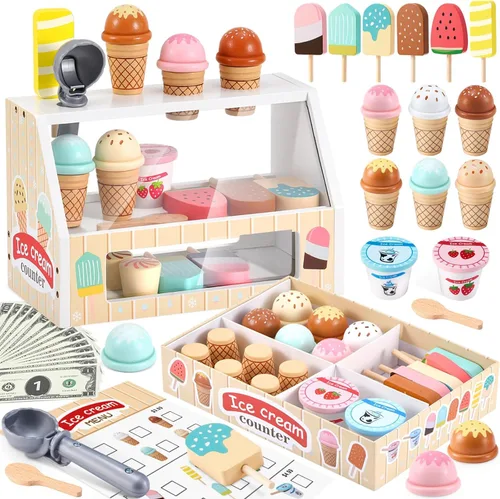 WHOHOLL Juguetes de helado de madera para niños, juguete de simulación para niños pequeños, accesorios de cocina con cuchara, menú, juego de helado