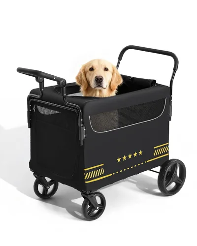 Cochecito para mascotas todo terreno para perros medianos y grandes con rampa, cochecito plegable para perros con frenos, 3 entradas, asas
