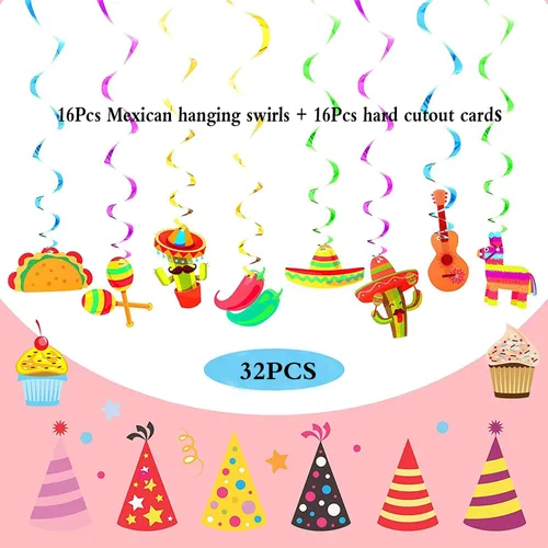 Miniatura 2 de 32 decoraciones de remolinos colgantes para fiesta mexicana, cumpleaños de dos días de taco, suministros de fiesta de Cinco de Mayo, decoraciones