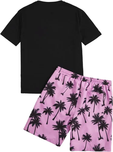 Miniatura 106 de GORGLITTER Conjunto de 2 piezas de camiseta gráfica de manga corta para hombre, estampado hawaiano con cordón y pantalones cortos