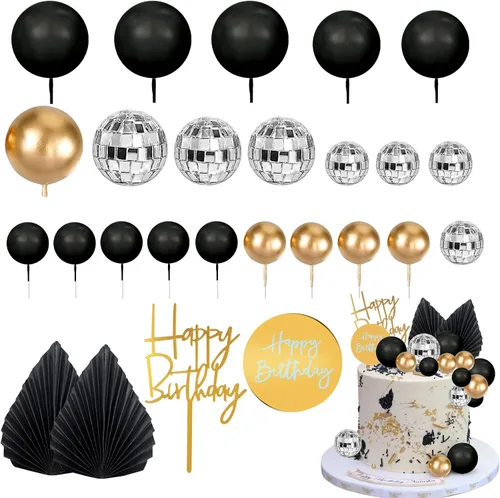 Miniatura 8 de MEMOVAN 26 piezas de decoración de pastel de cumpleaños para hombre, decoración de pastel bohemio negro, bolas negras plateadas, hojas de palma