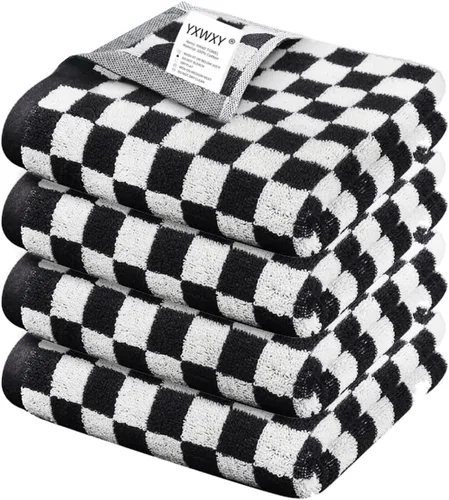 Paquete de 4 toallas de mano de algodón para baño, juego decorativo de toallas de cocina suaves y absorbentes, color blanco y negro, 13 x 29