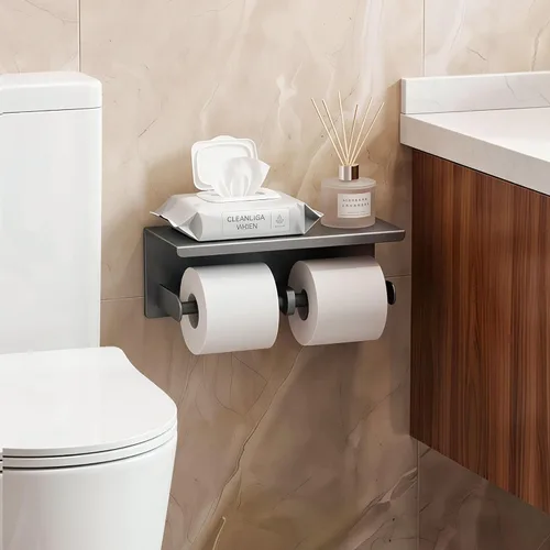 Miniatura 2 de Soporte de papel higiénico doble de acero inoxidable con estante de almacenamiento para teléfono (gris)