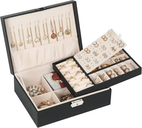 Miniatura 15 de Joyero para mujeres y niñas, contenedor organizador de joyas de 2 capas con cerradura, estuche de almacenamiento de piel sintética con bandeja
