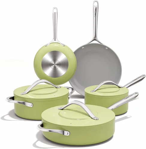 Miniatura 10 de CookinCraze Juego de 8 ollas y sartenes antiadherentes de cerámica con tapa, sin PFAS, no tóxicos, compatible con inducción, apto para horno, Azul
